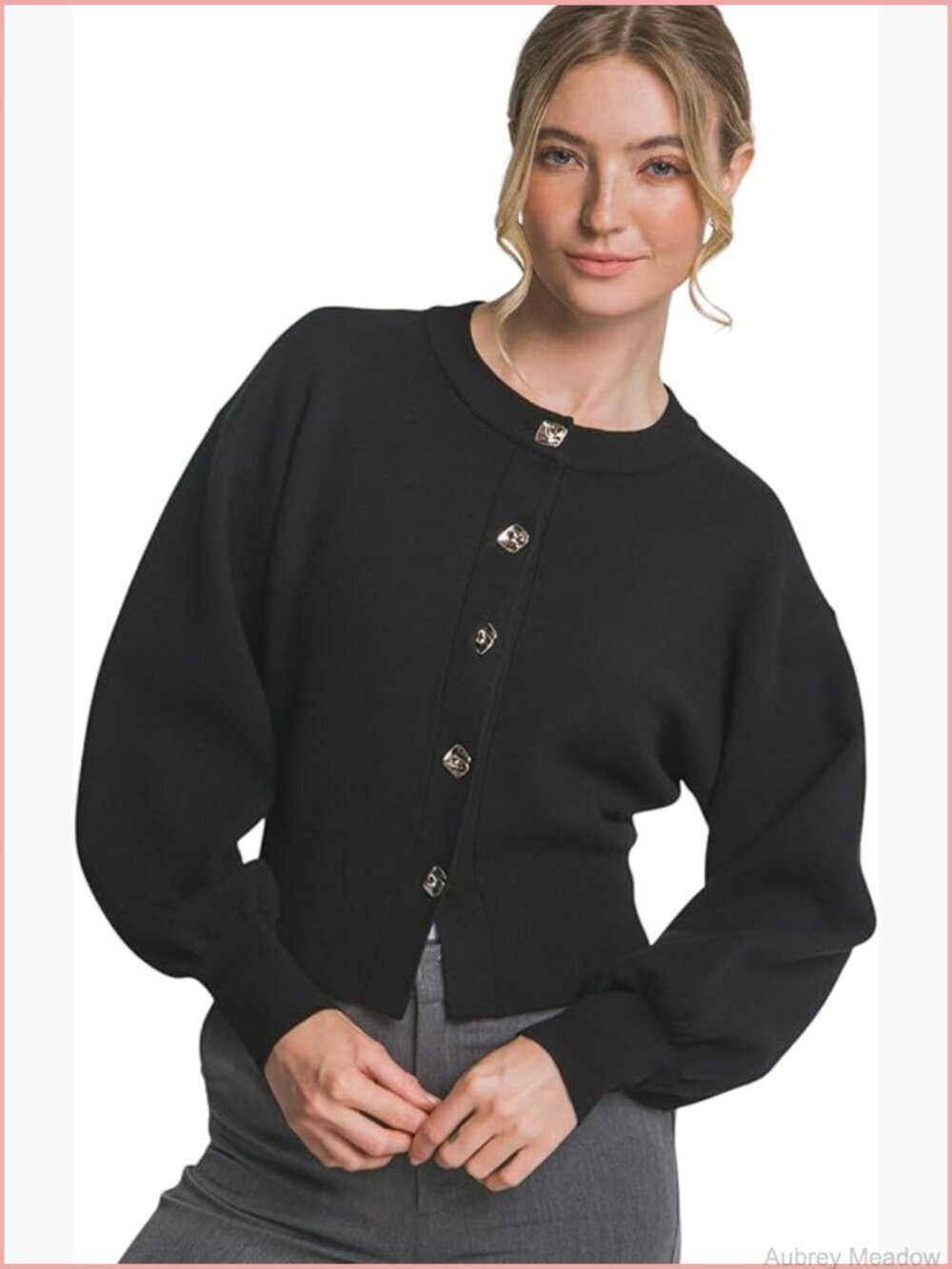 Round Neck Button-Front Puff Sleeve Cardigan Sweater Cropped